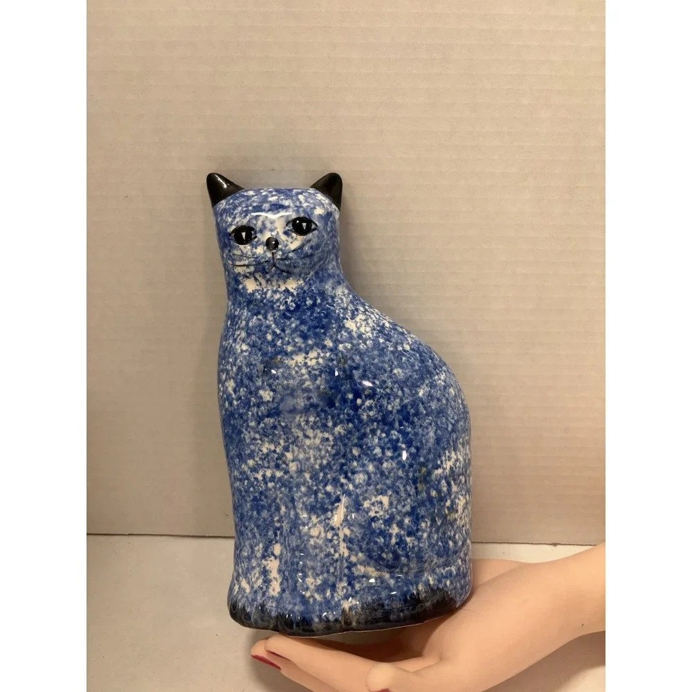Cat Kitty Vintage Sponged Painted Blue‎ and White Coin Bank 9